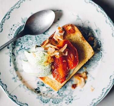 Toasted Sponge Cake with Warm Apricots & Matcha Coconut Cream