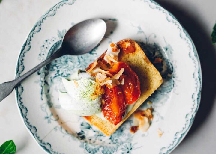 Toasted Sponge Cake with Warm Apricots & Matcha Coconut Cream