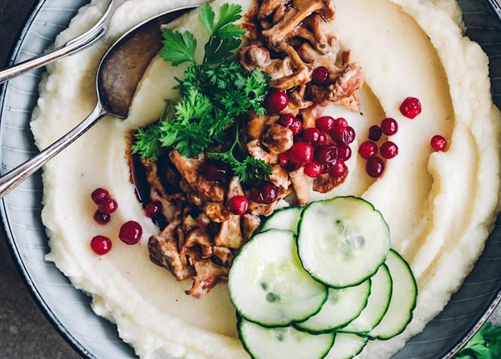 Celeriac Mash with Chanterelles & Lingonberries